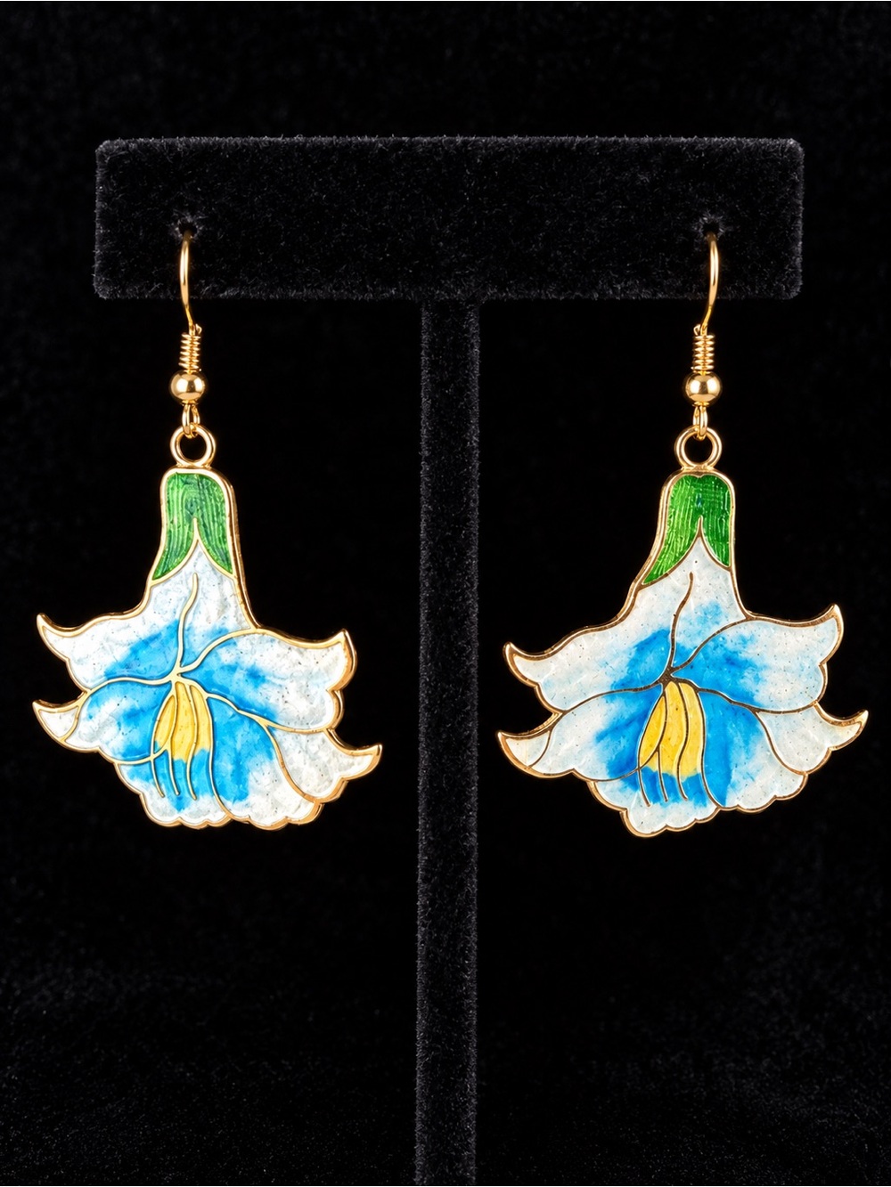 Vintage Blue and White Cloisonné Floral Drop Earrings with Gold Tone Hooks